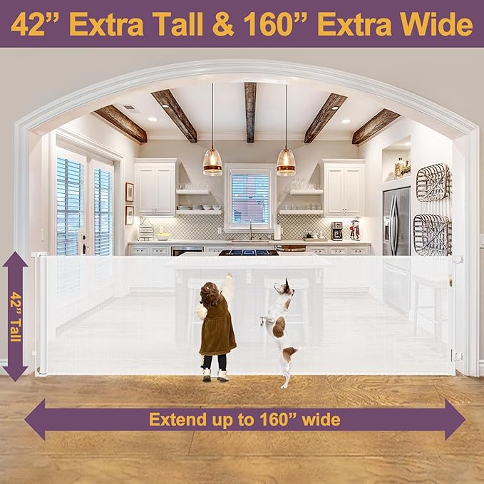 42" Tall X 160" Extra Wide Retractable Gates, Extra Tall Baby Gate for Large Openings, Tall Pet Gate for Dog Extra Long Mesh Baby Gate Indoor Child Gate for Doorways Outdoor Dog Gates for Decks, White