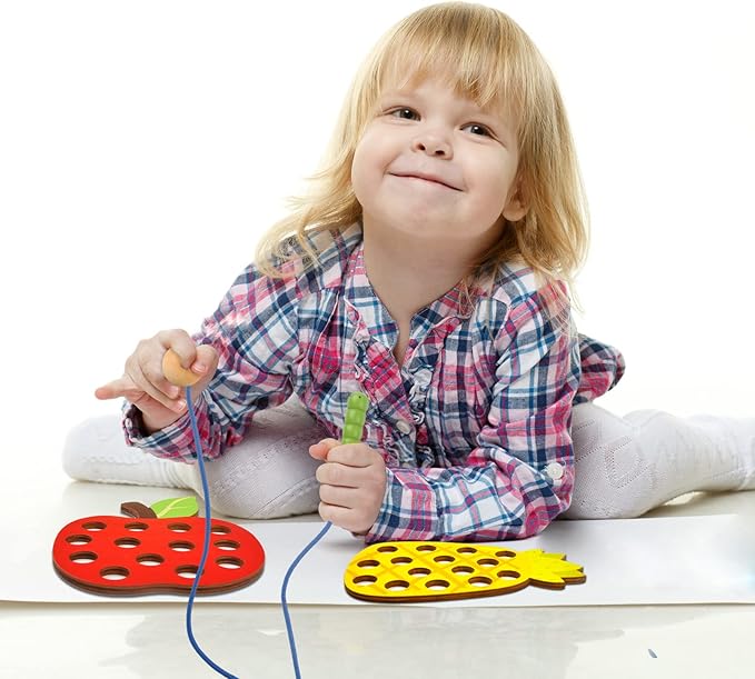 ECam 6 Pcs Lacing Toy for Toddlers, Wooden Threading Toys, Educational and Learning Montessori Activity for Baby and Kids, Fine Motor Skill Toys, Apple Pear Strawberry Watermelon Orange Pineapple