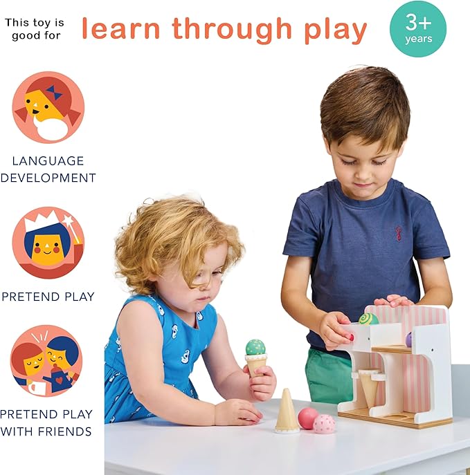 Mentari Toys - Ice Cream Kiosk - Wooden Mini Ice Cream Toy Shop - Pretend Play Set for Kids, Play Food and Accessories, Encourage Role Play and Develops Social Skills - Age 3+