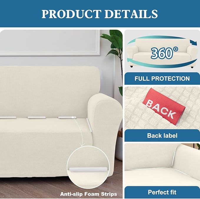 100% Waterproof Jacquard Fabric Couch Cover, Dual Layer with TPU Film, Leakproof High Elasticity Non-Slip Washable Furniture Protector for Pets, Dogs, Cats and Kids (Oversized Sofa,Beige)