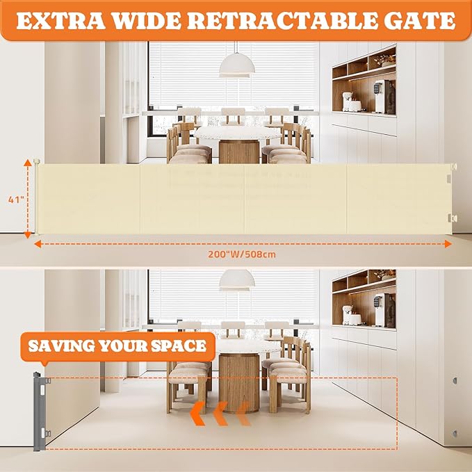 Upgrade 200" Retractable Baby Gates Extra Wide with Reinforced Strips, Mesh Retractable Dog Gate for Garage, 41" Tall Retractable Gate Indoor Outdoor for Pet and Baby-Beige