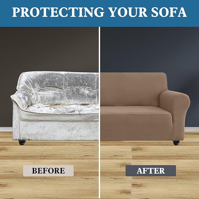 100% Waterproof Jacquard Fabric Couch Cover, Dual Layer with TPU Film, Leakproof High Elasticity Non-Slip Washable Furniture Protector for Pets, Dogs, Cats and Kids (Oversized Sofa,Taupe)