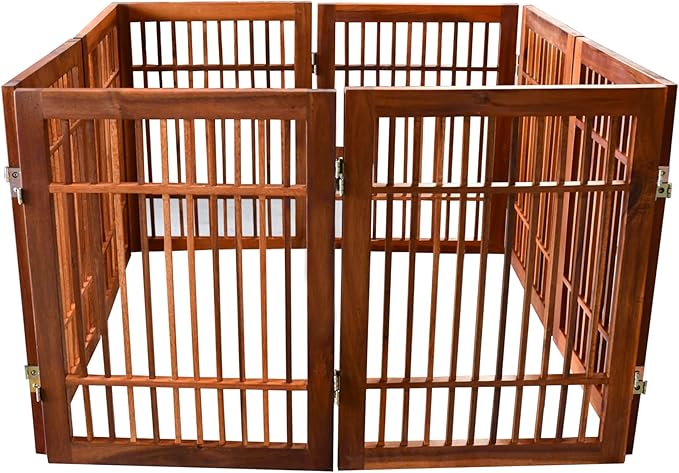 Pet Dog Gate Strong and Durable Freestanding Folding Acacia Hardwood Portable Wooden Fence Indoors or Outdoors by Urnporium (Brown Pet Gate, 8 Panel 24" Tall)