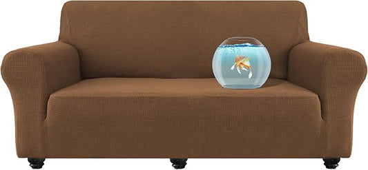 100% Waterproof Jacquard Fabric Couch Cover, Dual Layer with TPU Film, Leakproof High Elasticity Non-Slip Washable Furniture Protector for Pets, Dogs, Cats and Kids (Sofa,Light Coffee)