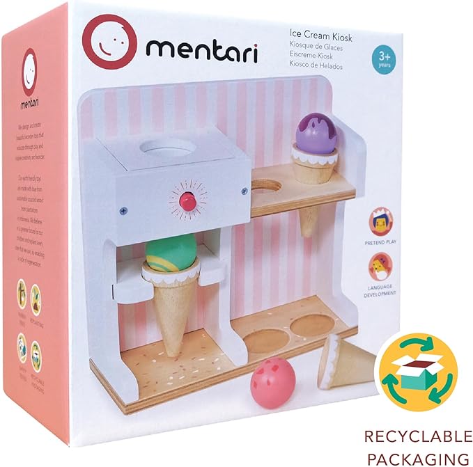 Mentari Toys - Ice Cream Kiosk - Wooden Mini Ice Cream Toy Shop - Pretend Play Set for Kids, Play Food and Accessories, Encourage Role Play and Develops Social Skills - Age 3+