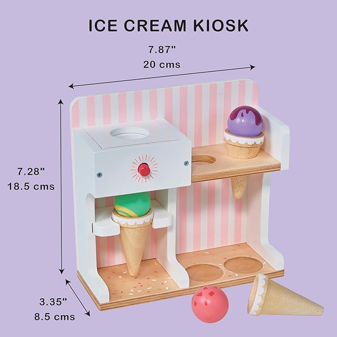 Mentari Toys - Ice Cream Kiosk - Wooden Mini Ice Cream Toy Shop - Pretend Play Set for Kids, Play Food and Accessories, Encourage Role Play and Develops Social Skills - Age 3+
