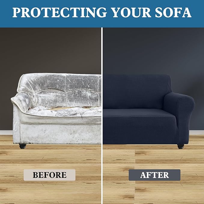 100% Waterproof Jacquard Fabric Couch Cover, Dual Layer with TPU Film, Leakproof High Elasticity Non-Slip Washable Furniture Protector for Pets, Dogs, Cats and Kids (Oversized Sofa,Navy Blue)