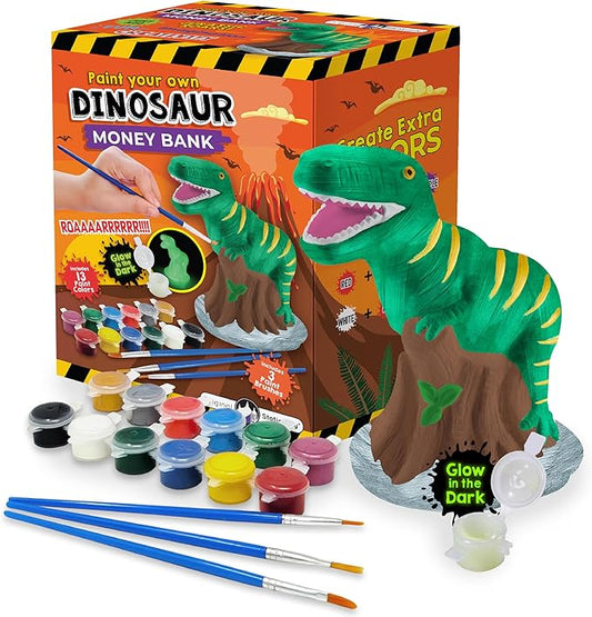Original Stationery Paint Your Own Dinosaur Money Bank, Awesome Craft Kit with 13 Paint Colors, Roarsome Crafts for Kids and Fun Birthday Gift Idea