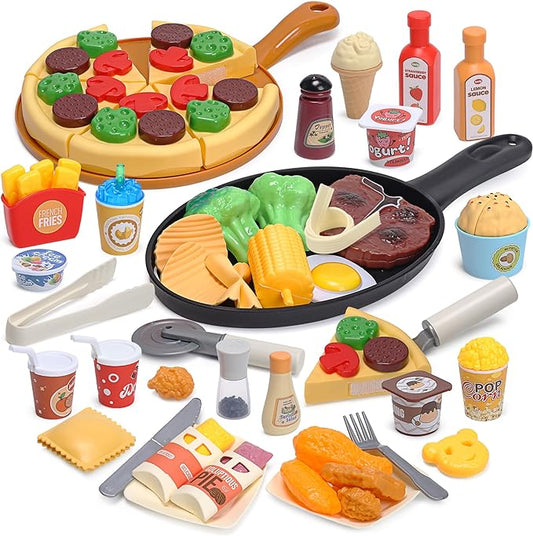 Play Food Toys, Kids Kitchen Accessories, 44 Piece Toy Food Set with Realistic Fake Food, Desserts, and Play Cooking Set, Preschool Learning Kitchen Toys for Toddlers