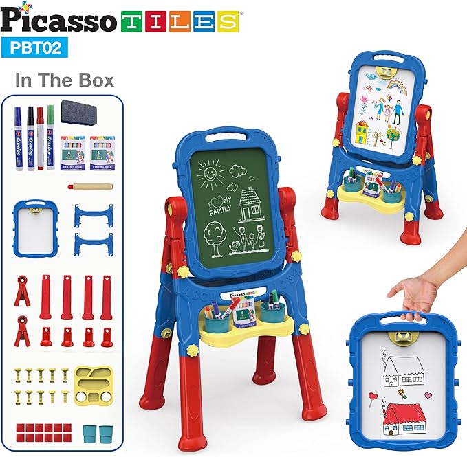 PicassoTiles All-in-one Kids Art Easel Drawing Board, Chalkboard & Whiteboard with Art Accessories, Toddler Toys, Children Learning Tools - Gift for Age 3 to 8 Years Old Kids, Boys, Girls, PBT02