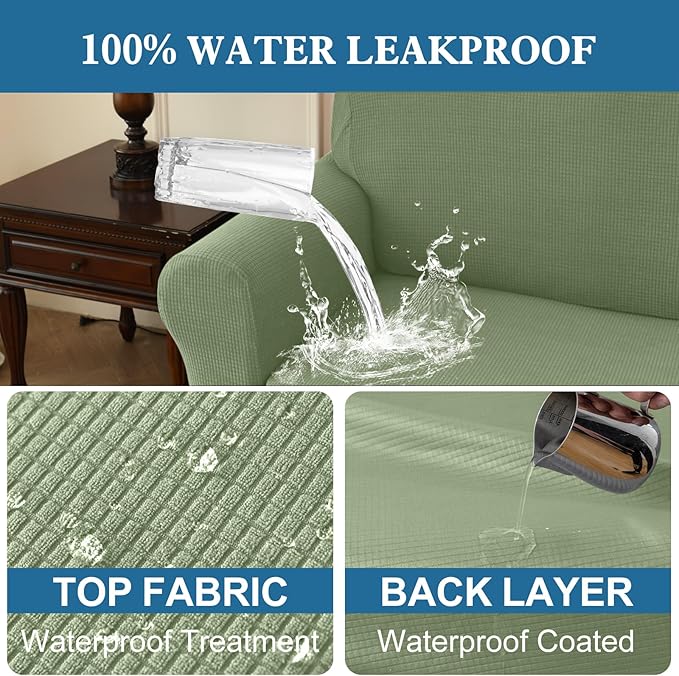 100% Waterproof Jacquard Fabric Couch Cover, Dual Layer with TPU Film, Leakproof High Elasticity Non-Slip Washable Furniture Protector for Pets, Dogs, Cats and Kids (Oversized Sofa,Grass Green)