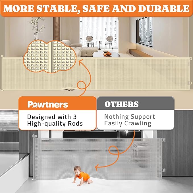 Upgrade 200" Retractable Baby Gates Extra Wide with Reinforced Strips, Mesh Retractable Dog Gate for Garage, 41" Tall Retractable Gate Indoor Outdoor for Pet and Baby-Beige