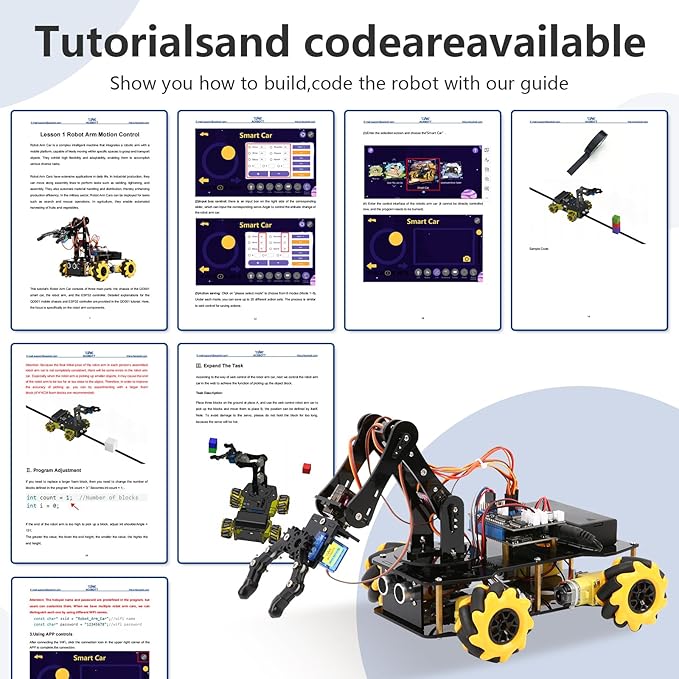 Smart Robot Arm Car Kit, 4WD Remote Control Car Compatible with Arduino IDE, Electronic Programming Project/STEM Education/Science Coding Kit for 16+ Teens and Adults Unique Gifts