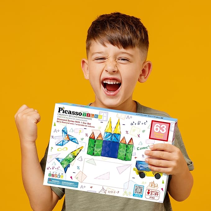 PicassoTiles 63 Piece Magnetic Building Block Construction Toy Set Diamond Magnet Tile Blocks with Car Truck STEM Learning Kit Early Education Builder Playset Toys for Children Toddler Boy Girl Age 3+