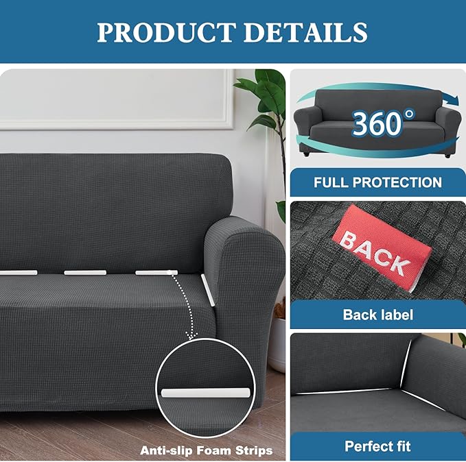 100% Waterproof Jacquard Fabric Couch Cover, Dual Layer with TPU Film, Leakproof High Elasticity Non-Slip Washable Furniture Protector for Pets, Dogs, Cats and Kids (Oversized Sofa,Gray)