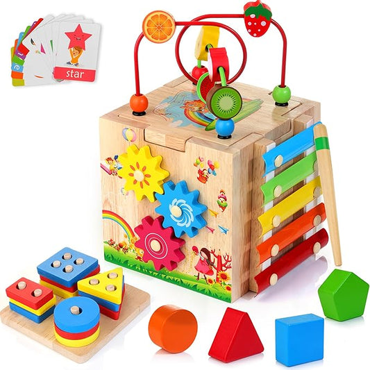 Batlofty Wooden Activity Cube, 8-in-1 Montessori Toys for 1+ Year Old Boys & Girls, Educational Learning Toys for Toddlers Age 1-2, 1st Birthday Gift | Bonus Sorting & Stacking