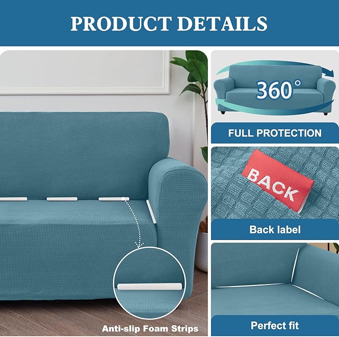 100% Waterproof Jacquard Fabric Couch Cover, Dual Layer with TPU Film, Leakproof High Elasticity Non-Slip Washable Furniture Protector for Pets, Dogs, Cats and Kids (Oversized Sofa,Dusty Blue)