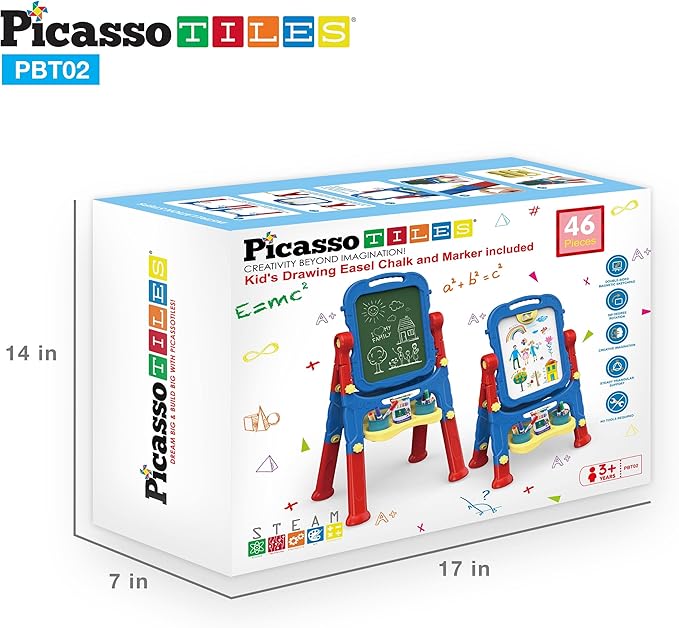 PicassoTiles All-in-one Kids Art Easel Drawing Board, Chalkboard & Whiteboard with Art Accessories, Toddler Toys, Children Learning Tools - Gift for Age 3 to 8 Years Old Kids, Boys, Girls, PBT02