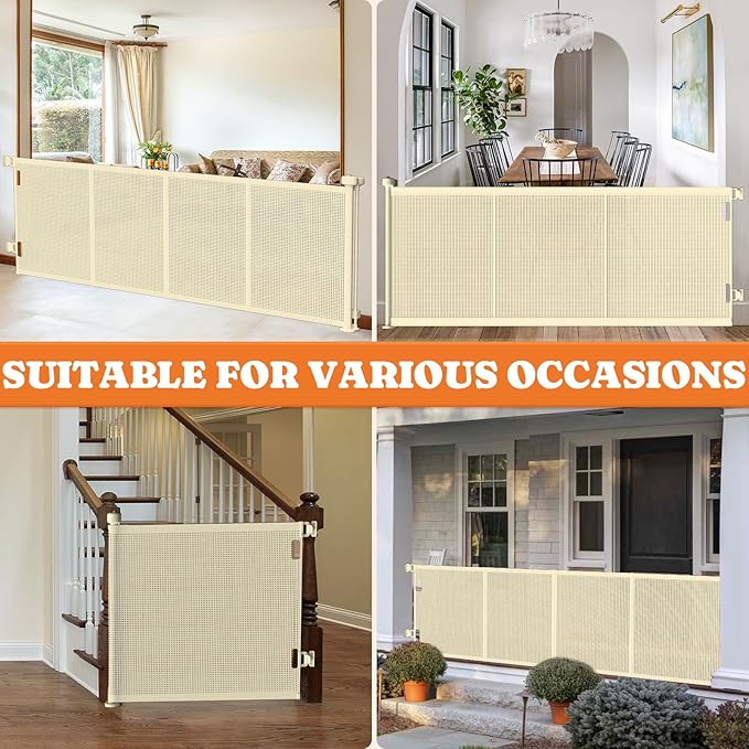Upgrade 200" Retractable Baby Gates Extra Wide with Reinforced Strips, Mesh Retractable Dog Gate for Garage, 41" Tall Retractable Gate Indoor Outdoor for Pet and Baby-Beige