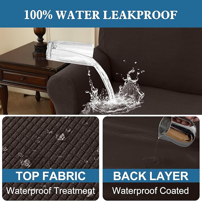 100% Waterproof Jacquard Fabric Couch Cover, Dual Layer with TPU Film, Leakproof High Elasticity Non-Slip Washable Furniture Protector for Pets, Dogs, Cats and Kids (Oversized Sofa,Coffee)