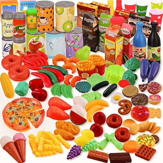 170 PCS Pretend Play Food Toys for Kids Play Kitchen - BPA-Free Mini Kitchen Accessories and Plastic Fake Food Toys with Veggies, Fruits, Pizza - Imaginative Play Set for Toddlers, Boys, Girls