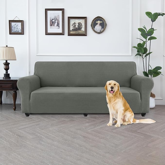 100% Waterproof Jacquard Fabric Couch Cover, Dual Layer with TPU Film, Leakproof High Elasticity Non-Slip Washable Furniture Protector for Pets, Dogs, Cats and Kids (Oversized Sofa,Light Gray)