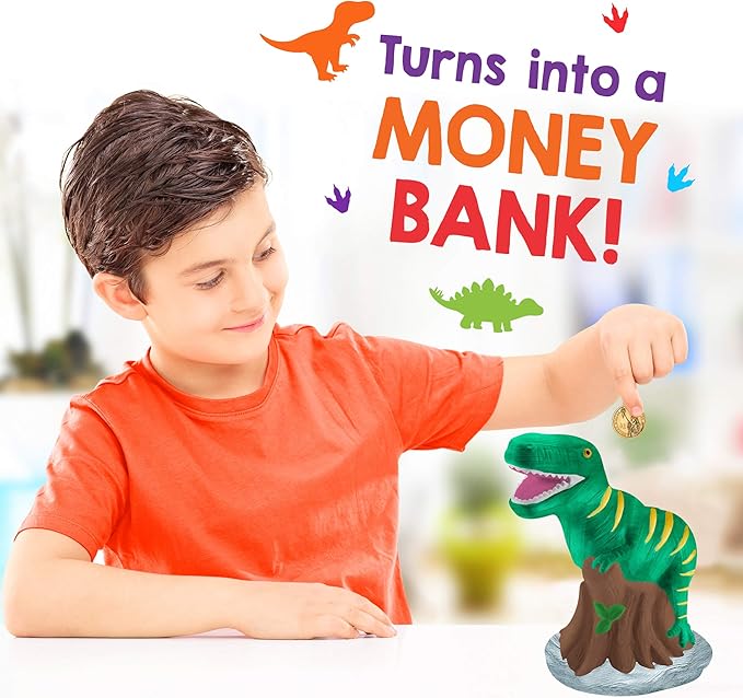Original Stationery Paint Your Own Dinosaur Money Bank, Awesome Craft Kit with 13 Paint Colors, Roarsome Crafts for Kids and Fun Birthday Gift Idea