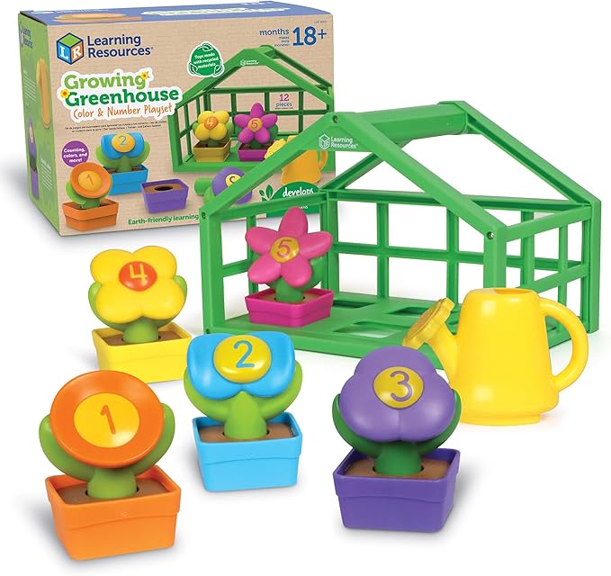 Learning Resources Growing Greenhouse Color & Number Playset,Preschool Learning Activities, Fine Motor Skills Toys, Ages 18 Month+ ,Easter Basket Stuffers