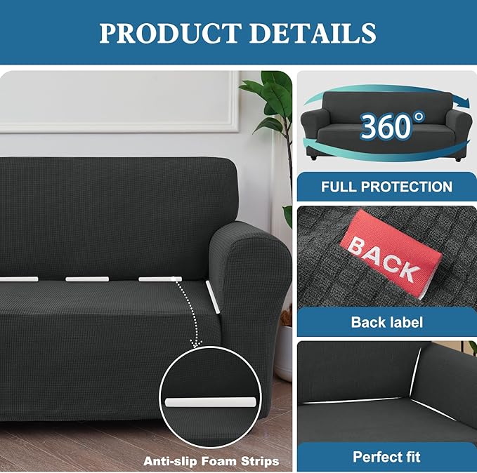 100% Waterproof Jacquard Fabric Couch Cover, Dual Layer with TPU Film, Leakproof High Elasticity Non-Slip Washable Furniture Protector for Pets, Dogs, Cats and Kids (Oversized Sofa,Dark Gray)