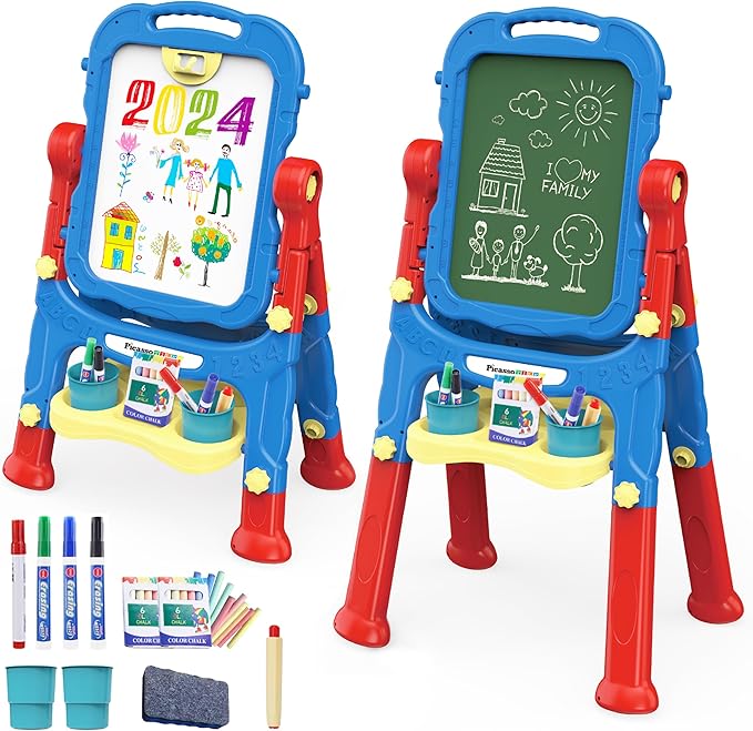 PicassoTiles All-in-one Kids Art Easel Drawing Board, Chalkboard & Whiteboard with Art Accessories, Toddler Toys, Children Learning Tools - Gift for Age 3 to 8 Years Old Kids, Boys, Girls, PBT02