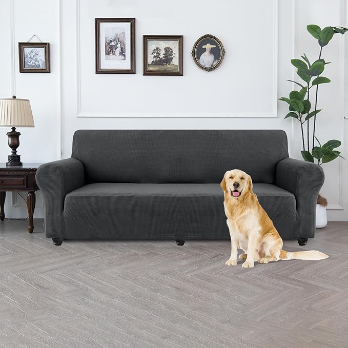 100% Waterproof Jacquard Fabric Couch Cover, Dual Layer with TPU Film, Leakproof High Elasticity Non-Slip Washable Furniture Protector for Pets, Dogs, Cats and Kids (Oversized Sofa,Gray)