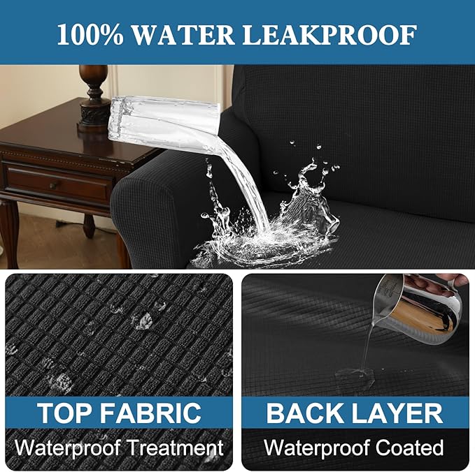 100% Waterproof Jacquard Fabric Couch Cover, Dual Layer with TPU Film, Leakproof High Elasticity Non-Slip Washable Furniture Protector for Pets, Dogs, Cats and Kids (Oversized Sofa,Black)