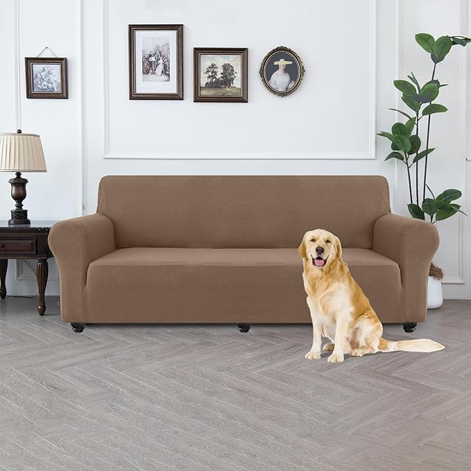 100% Waterproof Jacquard Fabric Couch Cover, Dual Layer with TPU Film, Leakproof High Elasticity Non-Slip Washable Furniture Protector for Pets, Dogs, Cats and Kids (Oversized Sofa,Taupe)