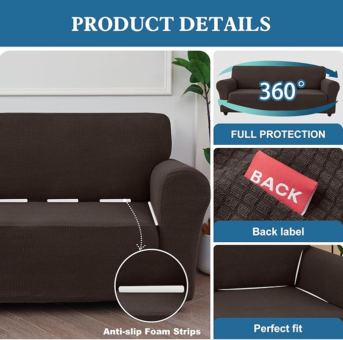 100% Waterproof Jacquard Fabric Couch Cover, Dual Layer with TPU Film, Leakproof High Elasticity Non-Slip Washable Furniture Protector for Pets, Dogs, Cats and Kids (Oversized Sofa,Coffee)