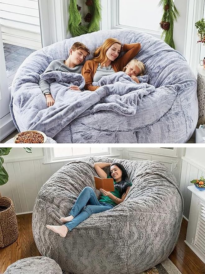 Bean Bag Chair for Adults Kids Without Filling Comfy Fluffy Oversized Round Beanbag Chair Lazy Sofa Cover for Reading Chair Floor Chair, 3.5FT, Snow Pink