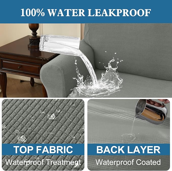 100% Waterproof Jacquard Fabric Couch Cover, Dual Layer with TPU Film, Leakproof High Elasticity Non-Slip Washable Furniture Protector for Pets, Dogs, Cats and Kids (Oversized Sofa,Light Gray)