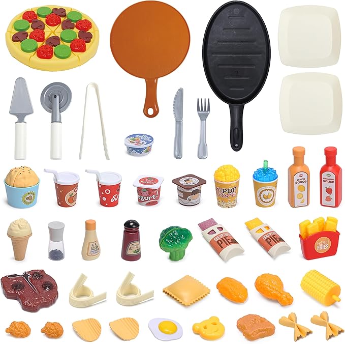 Play Food Toys, Kids Kitchen Accessories, 44 Piece Toy Food Set with Realistic Fake Food, Desserts, and Play Cooking Set, Preschool Learning Kitchen Toys for Toddlers