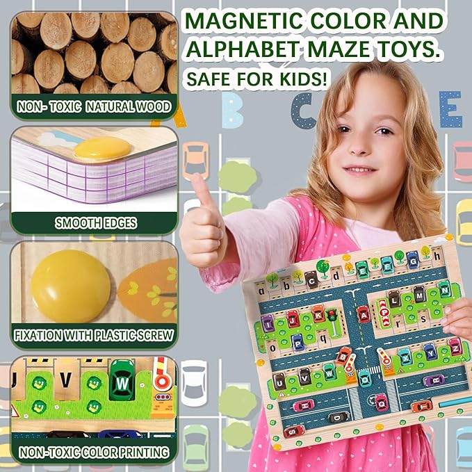 Magnetic Alphabet Maze Toys for 3 4 5 Year Old Boys and Girls Toddlers Learning Activities Toys Cute Car Letters ABC Montessori Fine Motor Skills Toys for Kids Travel Toys for Kids (Traffic)
