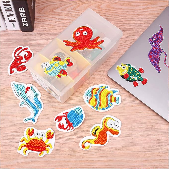 MEIEST 59 PCS 5D Diamond Art Painting Stickers Kits for Kids and Adult Beginners,Fun DIY Animal & Sea World Mosaic Stickers by Numbers Kits,Creative Arts and Crafts Set and Handmade Gift