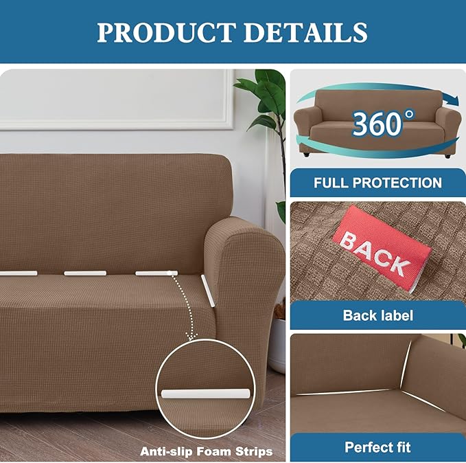100% Waterproof Jacquard Fabric Couch Cover, Dual Layer with TPU Film, Leakproof High Elasticity Non-Slip Washable Furniture Protector for Pets, Dogs, Cats and Kids (Oversized Sofa,Taupe)