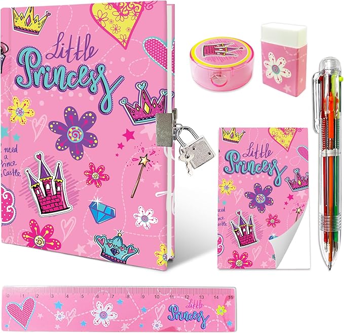 Princess Girls Diary with Lock, Set of Diary for Girls Incl. Kids Journal with Lock & Pen (6-Multicolor) Memo Ruler Sharpener Eraser Pink Girls Journal Writing Notebooks for Kids Gifts for Girls 6-8