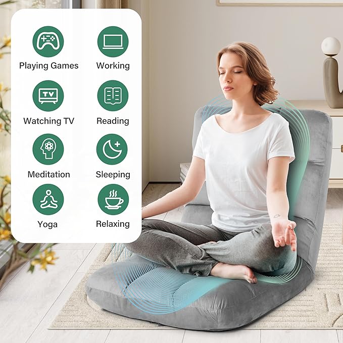 YSSOA Folding Floor Chair with Back Support Convertible Comfy Chair Game Memory Foam Padded Sleeper Recliner Sofa Chair for Bedroom Gaming Working Meditation Reading Adults Kids Grey
