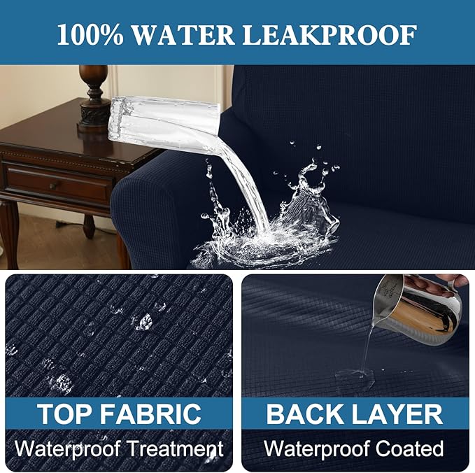 100% Waterproof Jacquard Fabric Couch Cover, Dual Layer with TPU Film, Leakproof High Elasticity Non-Slip Washable Furniture Protector for Pets, Dogs, Cats and Kids (Oversized Sofa,Navy Blue)