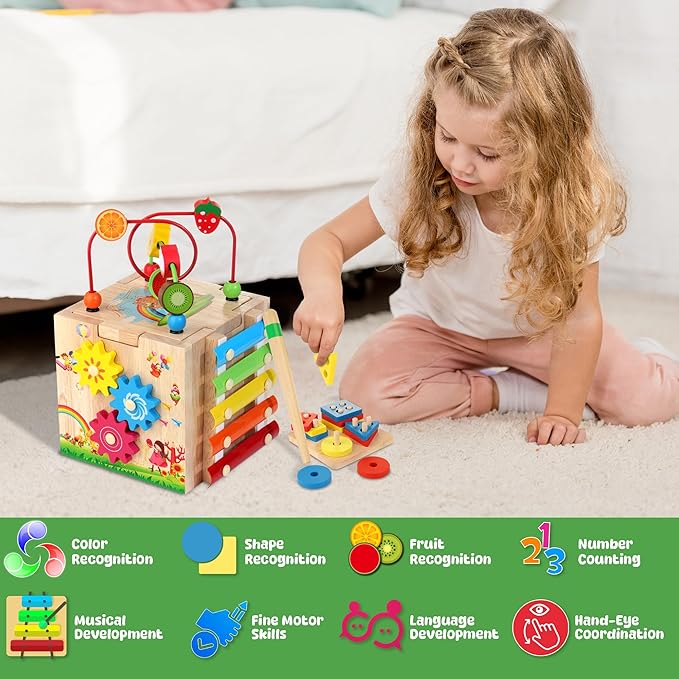 Batlofty Wooden Activity Cube, 8-in-1 Montessori Toys for 1+ Year Old Boys & Girls, Educational Learning Toys for Toddlers Age 1-2, 1st Birthday Gift | Bonus Sorting & Stacking