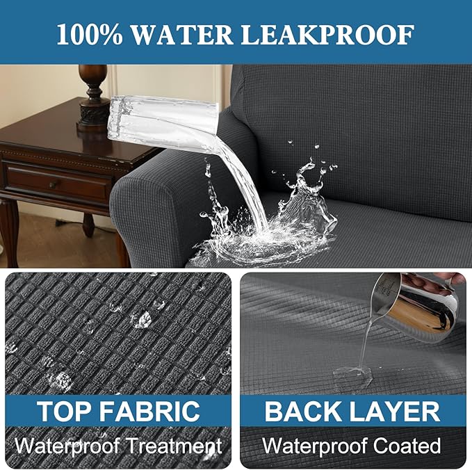100% Waterproof Jacquard Fabric Couch Cover, Dual Layer with TPU Film, Leakproof High Elasticity Non-Slip Washable Furniture Protector for Pets, Dogs, Cats and Kids (Oversized Sofa,Gray)