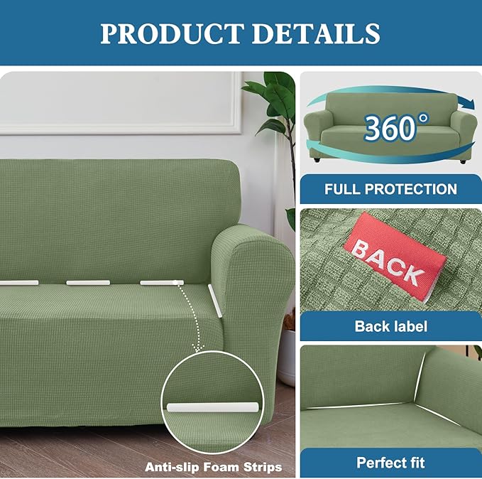 100% Waterproof Jacquard Fabric Couch Cover, Dual Layer with TPU Film, Leakproof High Elasticity Non-Slip Washable Furniture Protector for Pets, Dogs, Cats and Kids (Oversized Sofa,Grass Green)