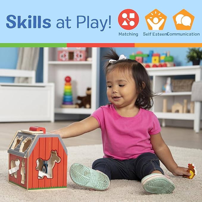 Melissa & Doug Wooden Take-Along Barn Toy with Flip-Up Roof and Handle, 10 Farm Play Pieces, Shape Sorting And Stacking Learning Toys For Toddlers And Kids Ages 2+