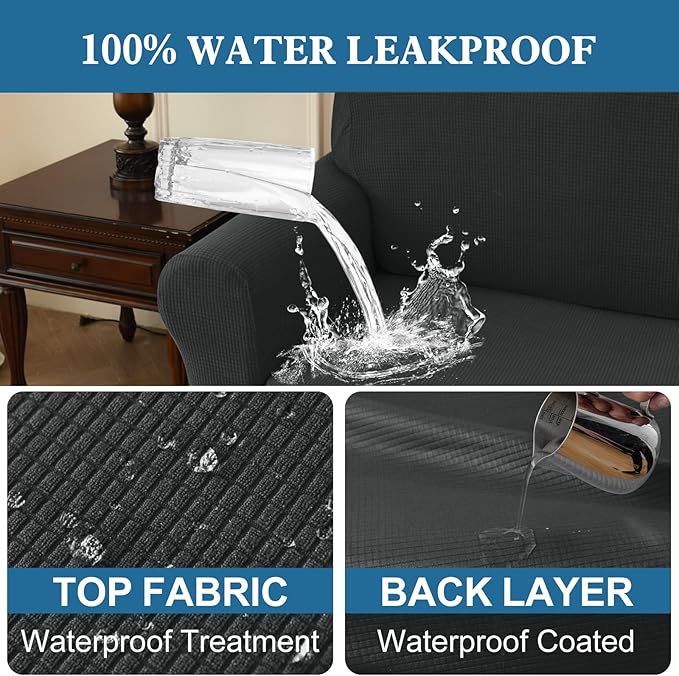 100% Waterproof Jacquard Fabric Couch Cover, Dual Layer with TPU Film, Leakproof High Elasticity Non-Slip Washable Furniture Protector for Pets, Dogs, Cats and Kids (Oversized Sofa,Dark Gray)