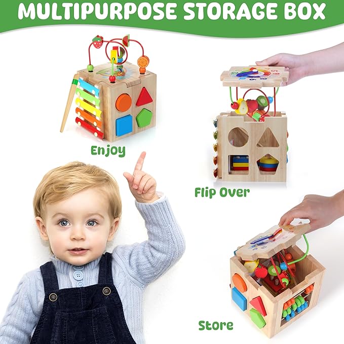Batlofty Wooden Activity Cube, 8-in-1 Montessori Toys for 1+ Year Old Boys & Girls, Educational Learning Toys for Toddlers Age 1-2, 1st Birthday Gift | Bonus Sorting & Stacking