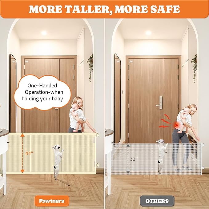 Upgrade 200" Retractable Baby Gates Extra Wide with Reinforced Strips, Mesh Retractable Dog Gate for Garage, 41" Tall Retractable Gate Indoor Outdoor for Pet and Baby-Beige